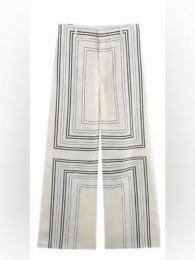 ZARA Cream Wide-Leg Pants with Black Geometric Stripes size large NWT